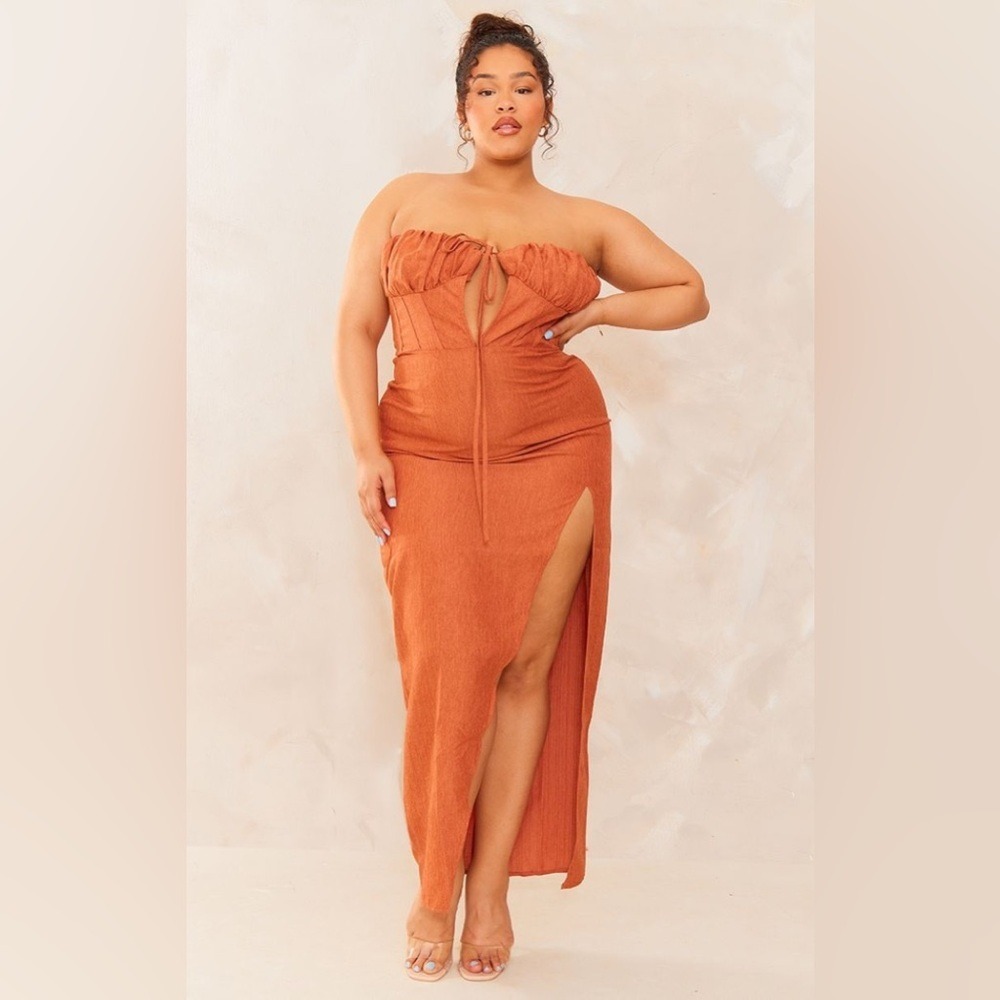 NWT PrettyLittleThing Plus Side Split Ruched Midi Dress Rust Boho Sexy Size 18
